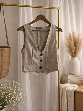 SHEIN Beige Houndstooth Sleeveless Button Vest